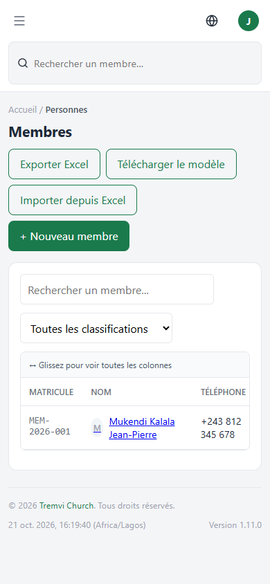 La liste des membres sur l’application mobile Android
